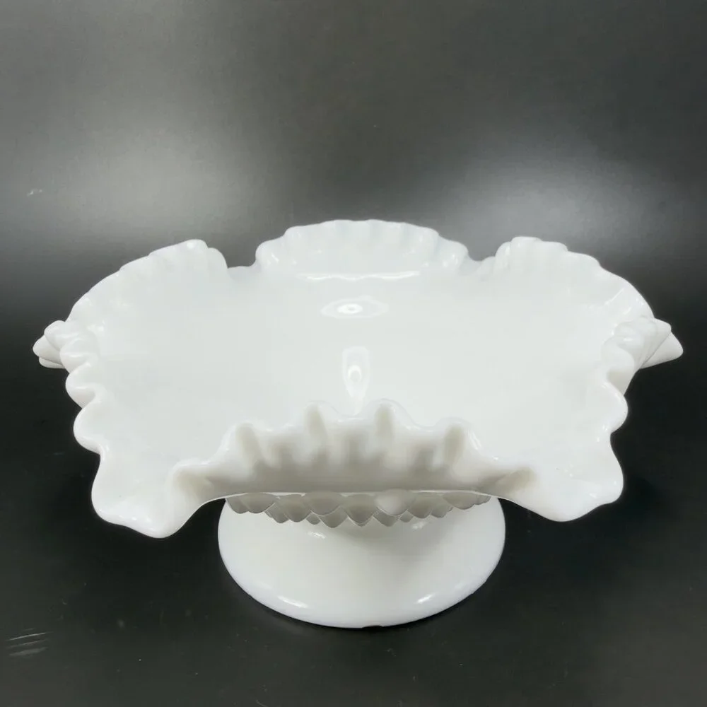 Fenton‎ Hobnail Milk Glass Ruffled Edge Footed Dish Bowl Container White Vintage